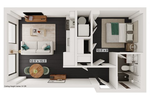 Floor plan for 1 bed, 1 bath, 500 sqft
